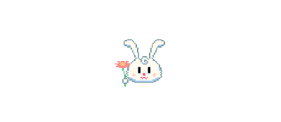 Cute white bunny holding an orange flower with a yellow middle. Their left ear occasionally twitches. It's Kewlbunny!