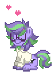 purple and green pony earth pony sitting, with hearts floating above their head