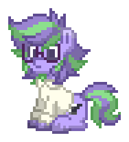 purple and green earth pony sits. attentive. waiting.