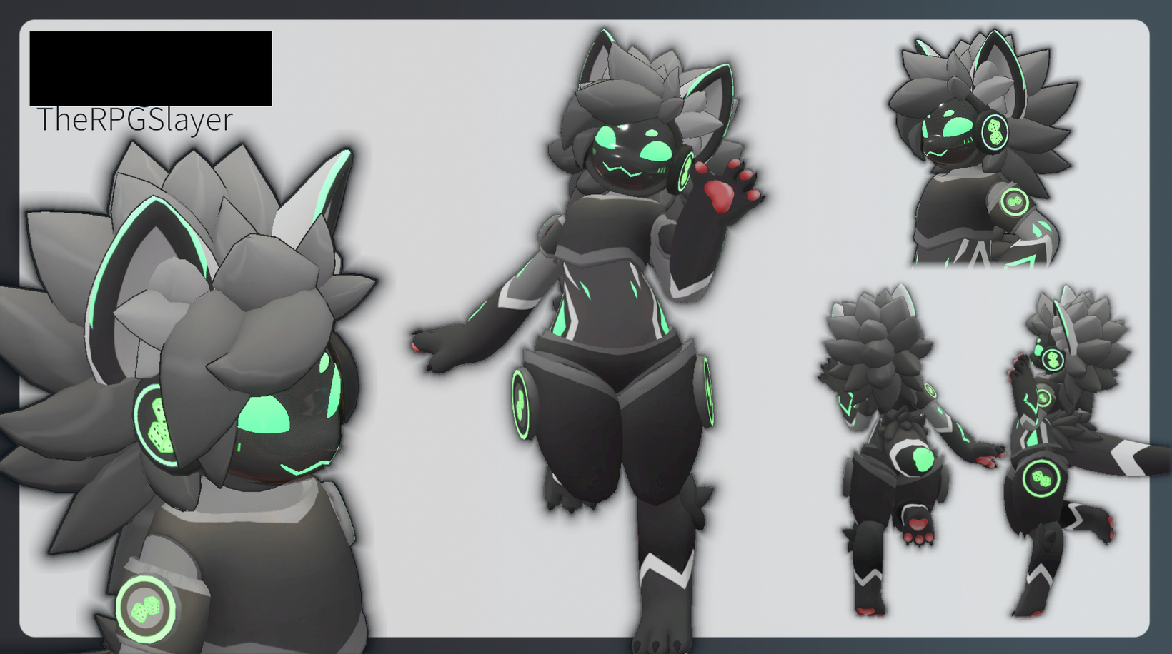 Green and black protogen with dice on their shoulderpads and thighpads