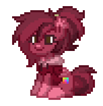 A red-velvet pegasus with pink accents on their ears and hooves; sits up and down repeatedly. Excited, perhaps?