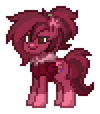 A red-velvet pegasus with pink accents on their ears and hooves winks at you!