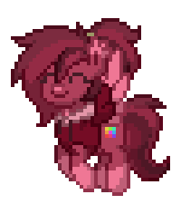 A red-velvet pegasus with pink accents on their ears and hooves winks at you.