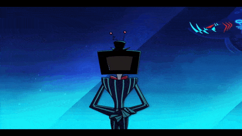 Vox standing in front of a window with digital sharks swimming outside of it. He turns around and attempts to hypnotize the camera.